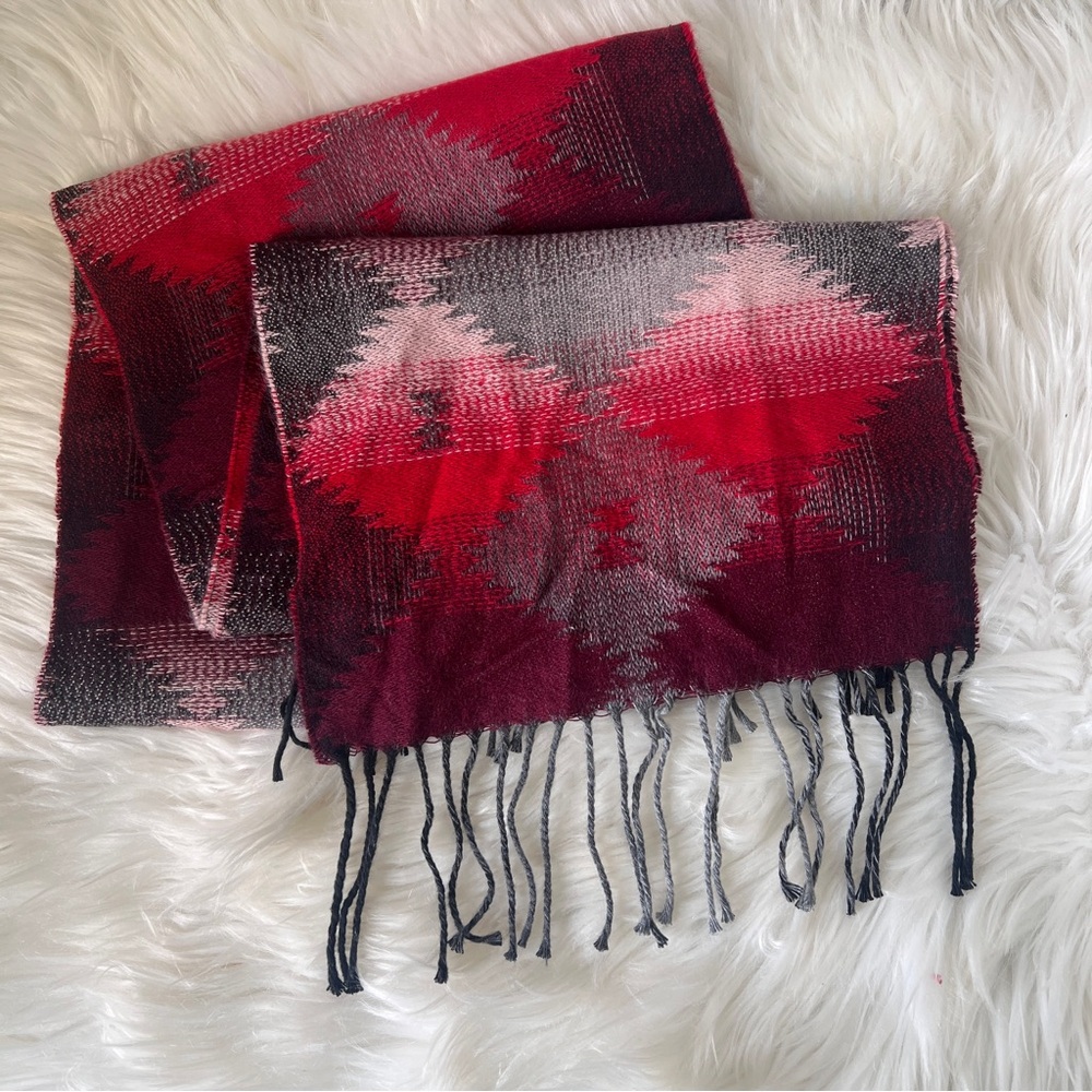 Red Ombre Aztec Southwest Pattern Fringe Scarf